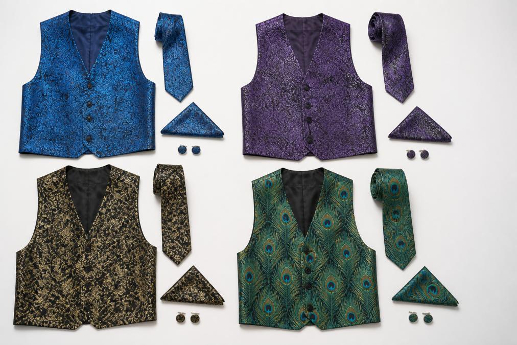 Flat lay of multiple coordinated waistcoat vest sets arranged on a white surface, including blue paisley, purple paisley, black gold floral, and green peacock colourways, each with matching neckties, pocket squares, and cufflinks fanned out beside them, photographed under clean white studio lighting