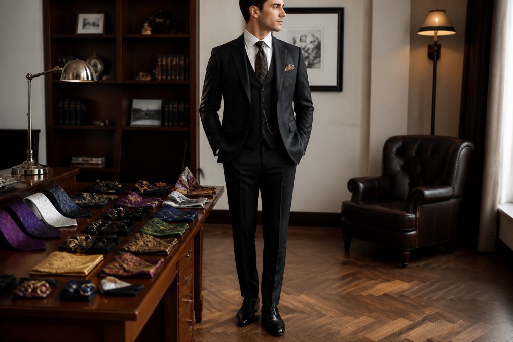 A well-dressed man in a slim-fit three-piece suit with a waistcoat, crisp white dress shirt, and pocket square, standing confidently in a warmly lit room with parquet flooring, showing a clean single trouser break at the shoe and a fitted jacket that follows the shoulder line precisely