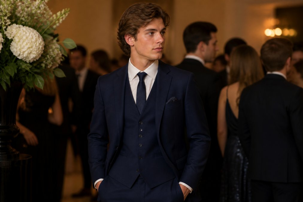 Young man in a well-fitted navy three-piece suit with matching waistcoat and dress shirt, standing confidently at a formal event venue with soft warm lighting
