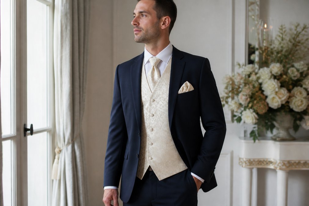 Groom wearing tailored cream waistcoat with navy suit jacket and crisp white dress shirt, standing with confident posture showing proper fit through chest and waist, hands relaxed at sides, formal wedding setting with natural window lighting