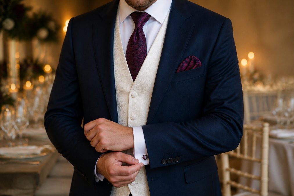 Close-up of man's torso wearing classic cream waistcoat with navy suit jacket, white dress shirt visible, matched with burgundy necktie and subtle pocket square, hands positioned naturally showing cufflinks detail, formal wedding reception setting with soft warm lighting