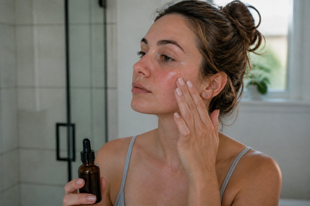 Person applying gentle skincare serum to their face after a microneedling treatment, with soft lighting emphasizing the healing phase and self-care routine