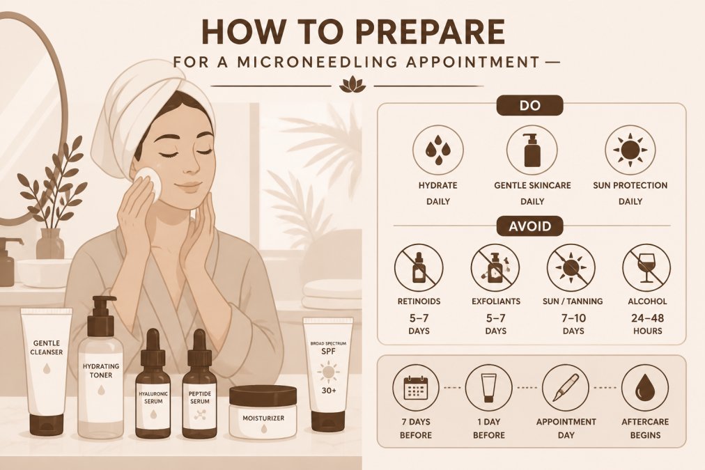 Person preparing for skincare treatment, with skincare products and serums arranged on a clean bathroom counter, showing a relaxed pre-treatment routine with soft natural lighting