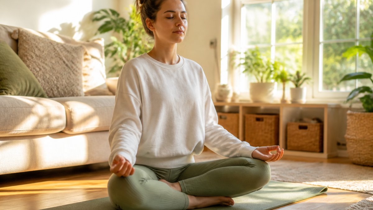 Person sitting cross-legged on a yoga mat in a naturally lit living room with soft furnishings, plants, and warm sunlight streaming through windows, eyes closed in peaceful meditation