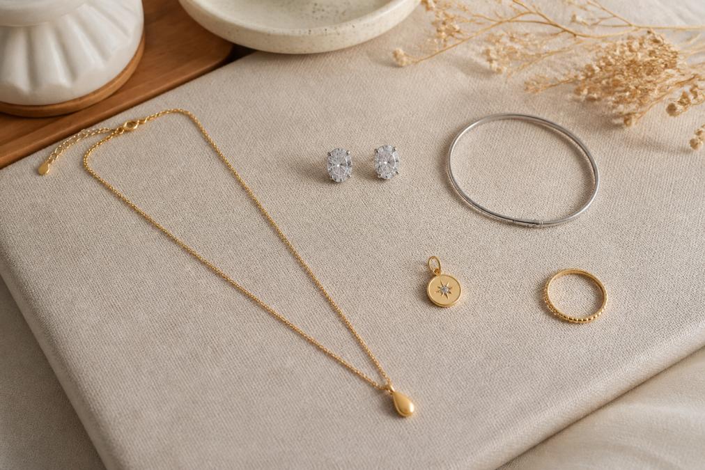 Flat lay of five essential minimalist jewelry pieces arranged neatly on a neutral beige linen surface: delicate gold-plated chain necklace, simple round stud earrings, thin stainless steel bracelet, small pendant charm, and stackable ring, shot with soft natural window lighting