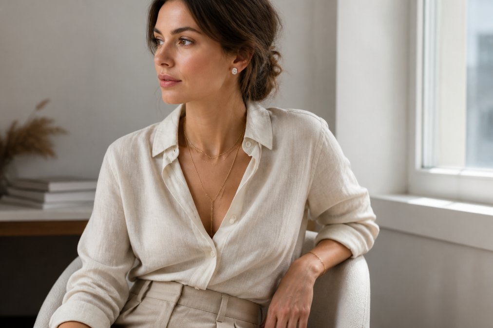Woman wearing a cream linen button-up shirt and tailored trousers, styled with layered delicate gold chains of varying lengths, thin gold bracelet, and small stud earrings, photographed in natural window light to show how minimalist pieces enhance rather than dominate the overall look
