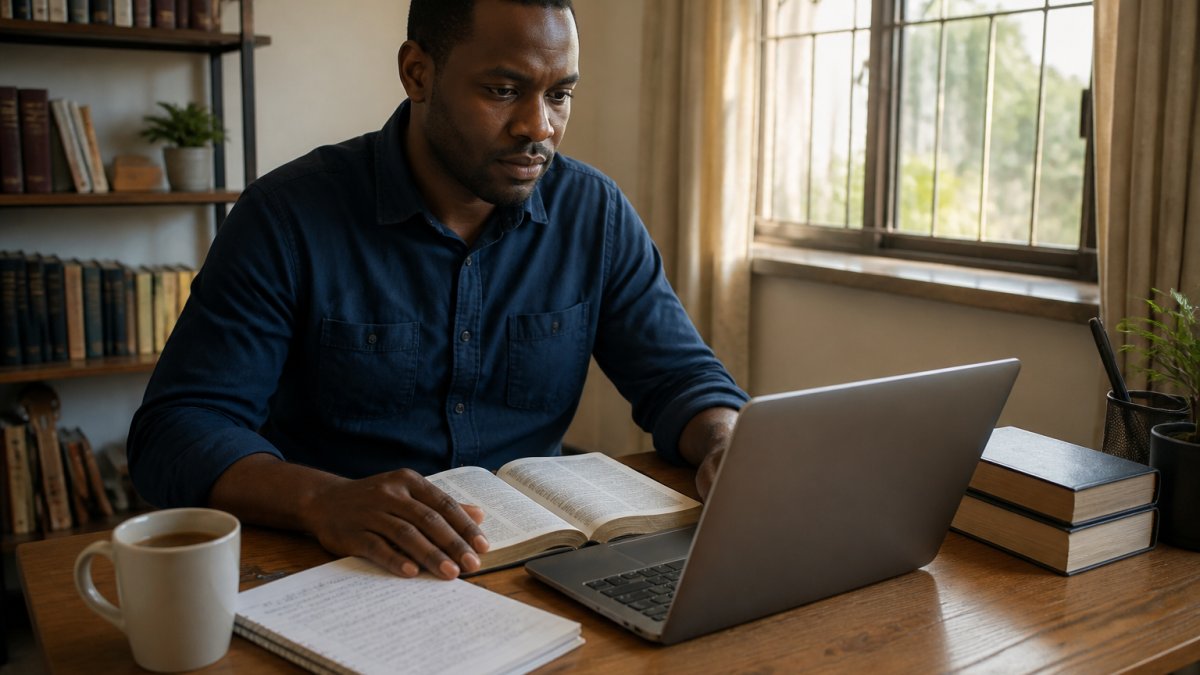Church leader studying for affordable ministry education with a laptop, Bible, and tea in a sunlit room.