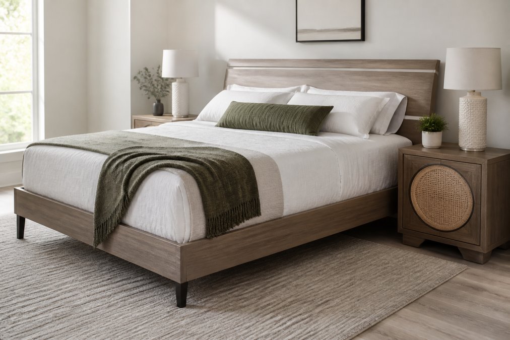 Bright modern bedroom featuring a contemporary bed frame with clean lines, coordinating nightstand with round rope design, and minimalist decor creating a cohesive, stylish space