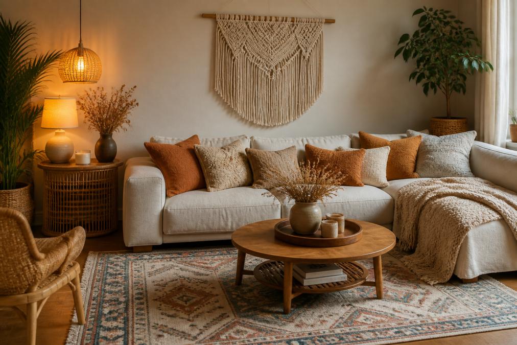 Cosy modern boho living room with layered throw pillows in warm neutrals, a macramé wall hanging above a low-profile sofa, rattan side table, dried florals in a ceramic vase, ambient pendant lighting casting warm glow, and patterned area rug on wooden floor
