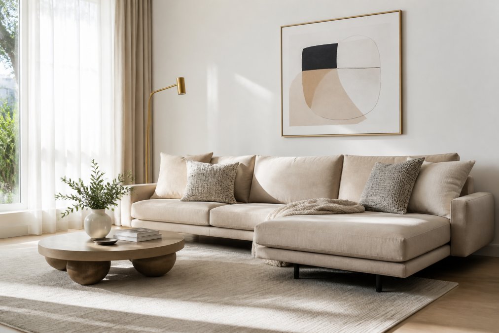 A bright modern living room with a low-profile beige sofa, layered neutral area rug, textured throw pillows, a slim brass floor lamp, and a large framed abstract print on a white wall, afternoon sunlight through sheer curtains