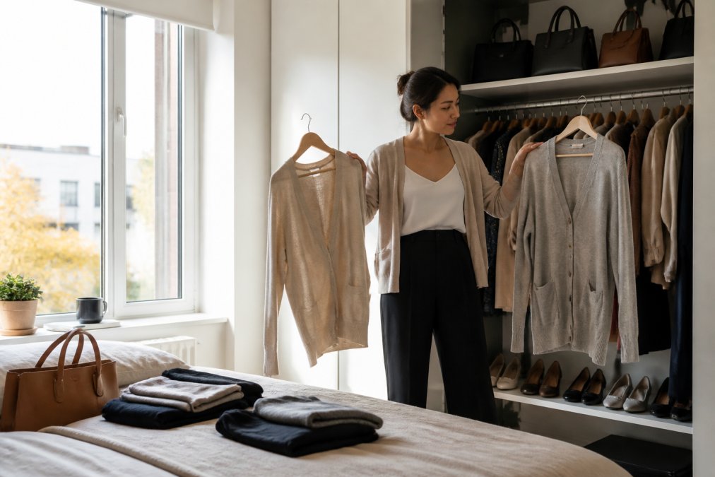 A busy professional standing in front of an open closet in a bright apartment bedroom, holding two neutral cardigans up to compare, morning light through the window