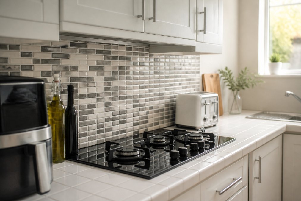 A bright modern rental kitchen with peel-and-stick mosaic tiles applied neatly above the hob, clean white cabinets and tiled worktops visible in the background, warm natural light coming through a small window