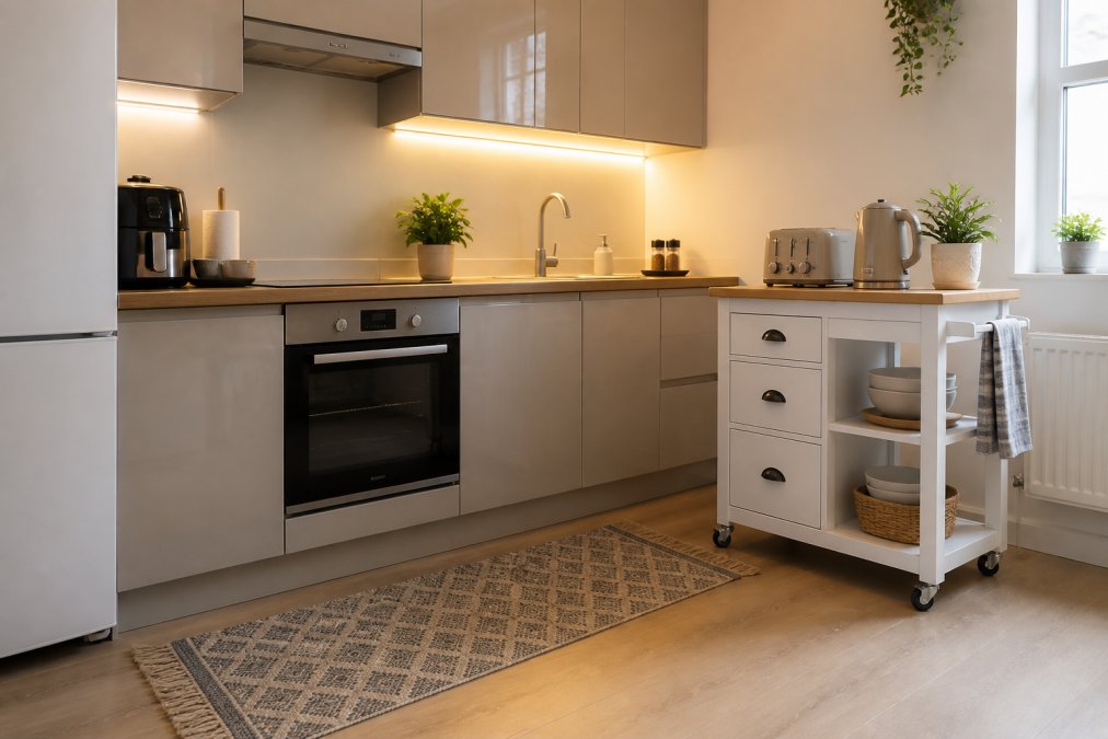 A compact rental kitchen with warm under-cabinet LED strip lights glowing softly above a clean worktop, a white kitchen trolley with drawers positioned beside the counter, and a small patterned runner rug on the floor in natural daylight