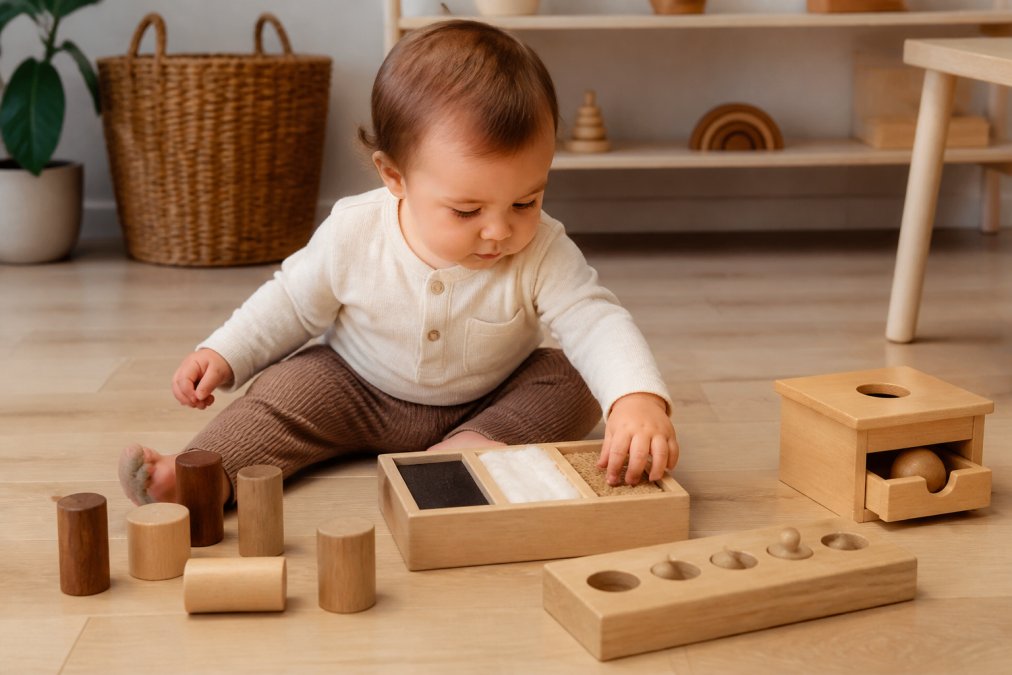 Toddler sitting on light wooden floor playing with natural wooden blocks and simple sensory toys, reaching independently to explore different textures and shapes