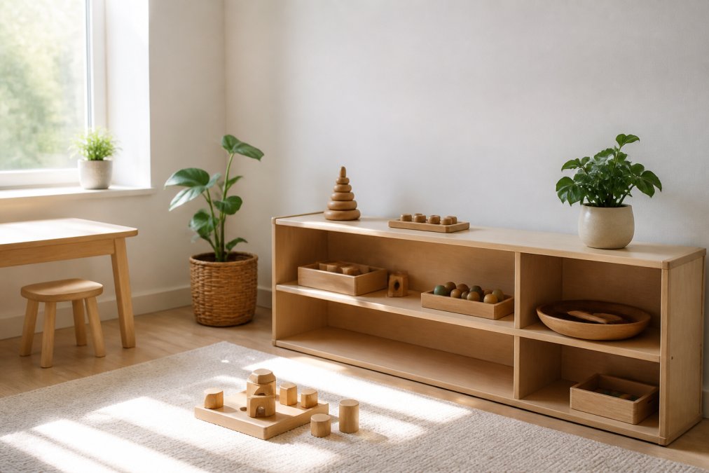 Minimalist playroom with few carefully curated wooden toys on low shelves, natural lighting streaming through window, calm aesthetic showing less-is-more approach