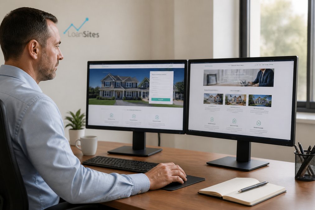 Loan officer using mortgage website design services on dual monitors in a modern office