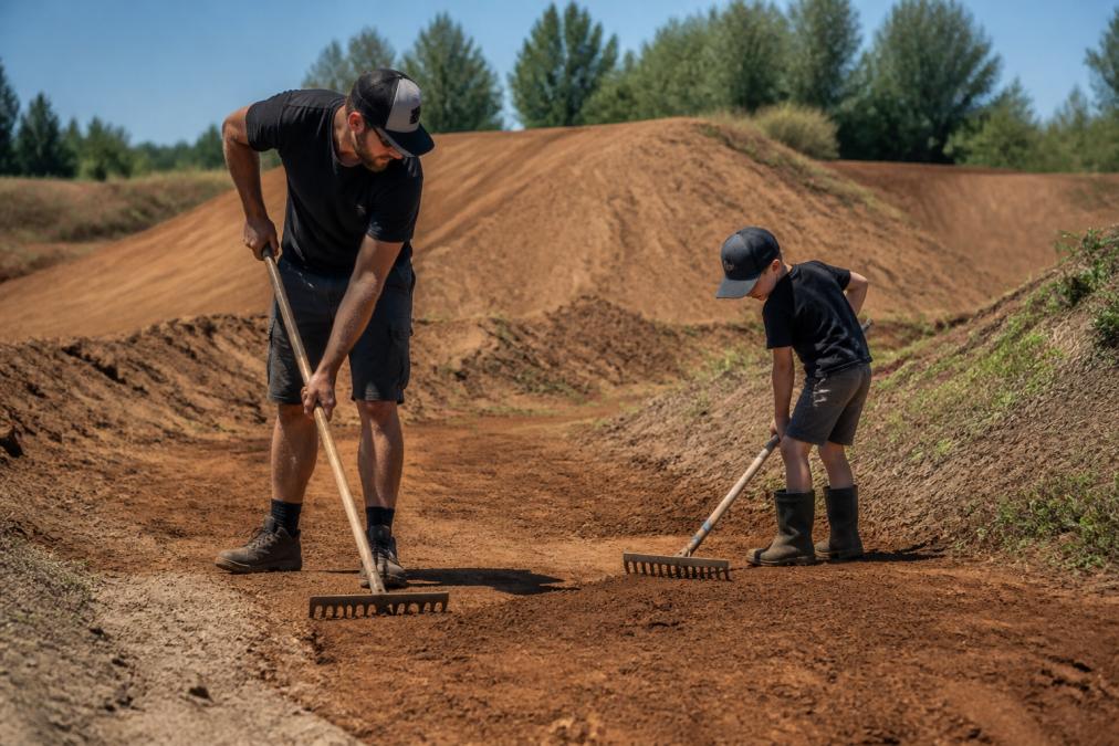 A parent and child using hand tools to maintain a dirt bike track as motocross alternatives to expensive tracks.