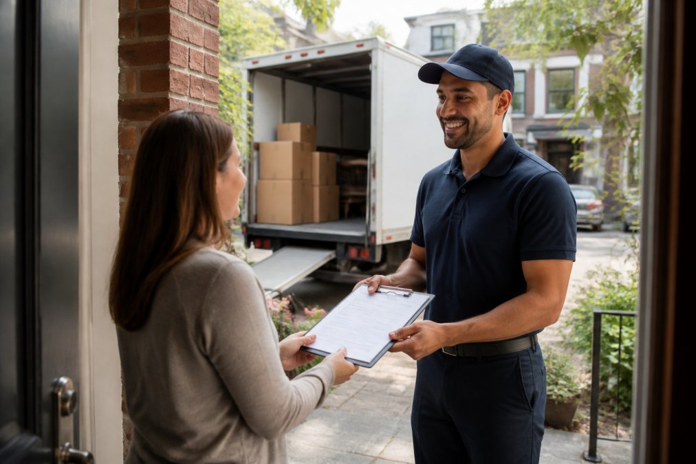 Professional mover handing an affordable moving estimate to a homeowner at a Toronto front door