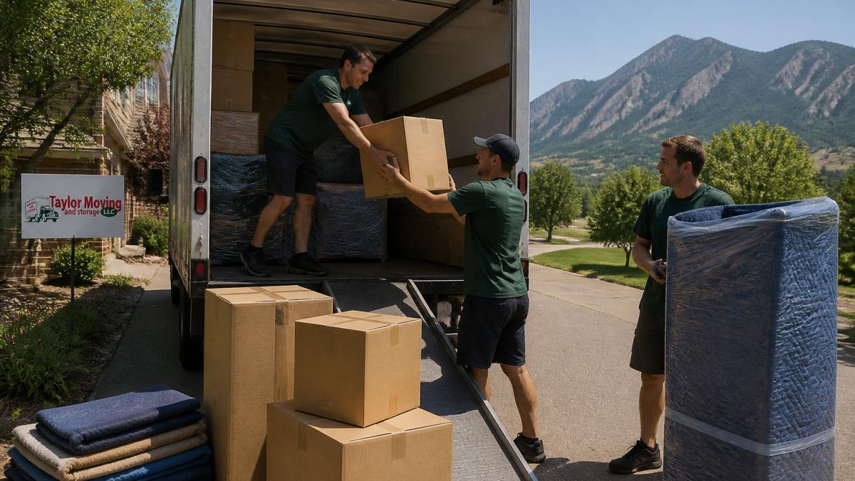 Professional moving crew carefully loading household items into a truck, with team members working together to secure boxes and furniture in coordinated motion