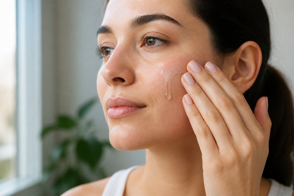 Close-up of a person's hand gently applying a clear serum to their cheek, showing calm, clear complexion with soft natural lighting from a window