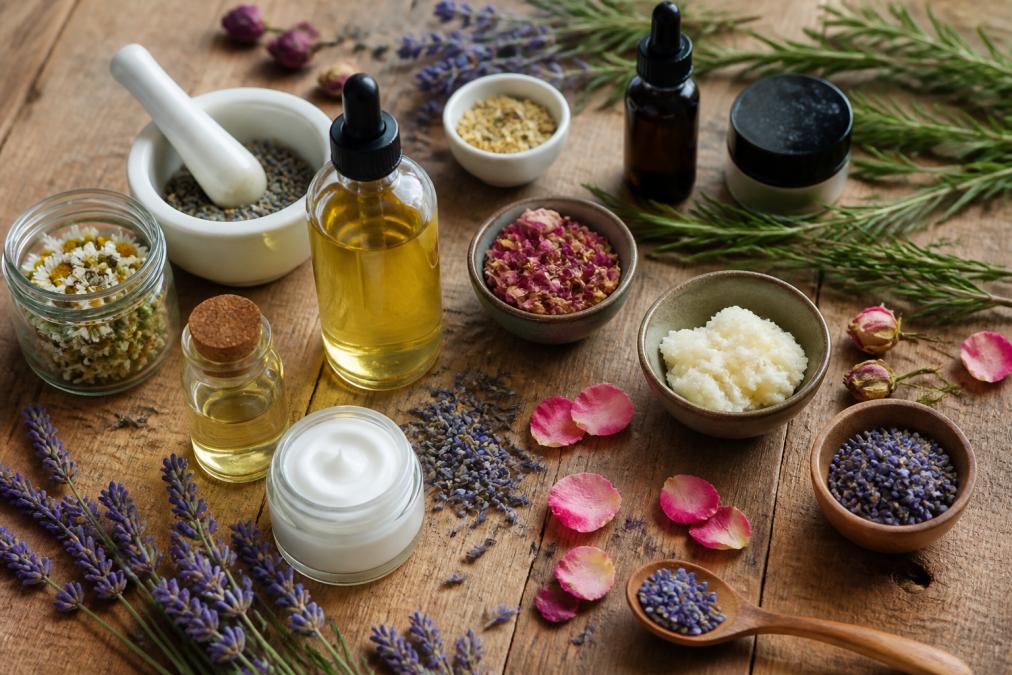 Flat lay of natural beauty products arranged on a wooden surface with fresh botanical elements like lavender sprigs, rosemary branches, and rose petals scattered around