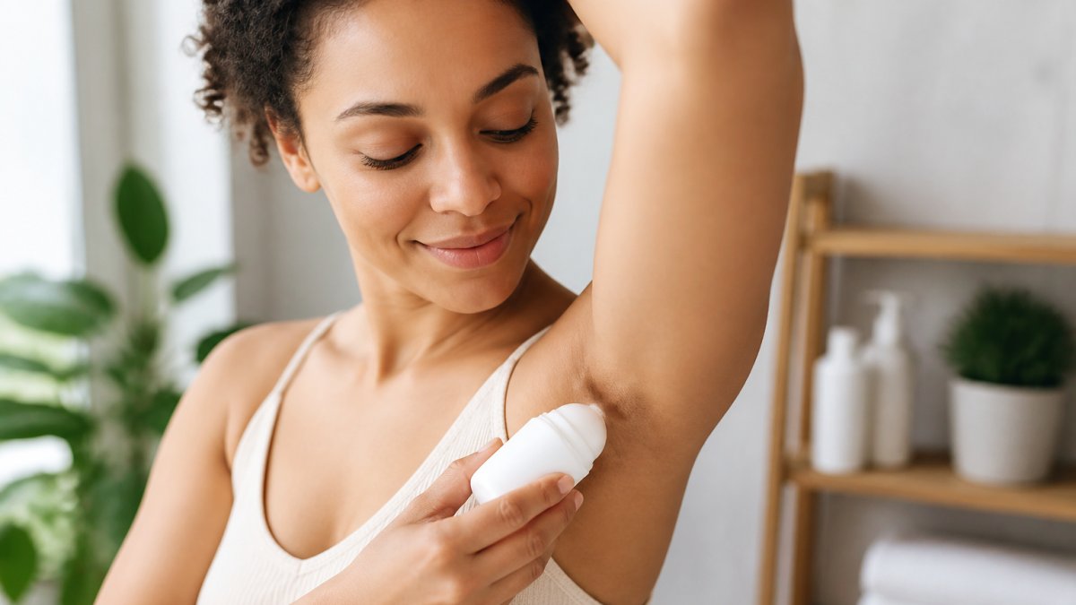 Step-by-step diagram illustrating the gentle application of a roll-on deodorant to sensitive underarm skin