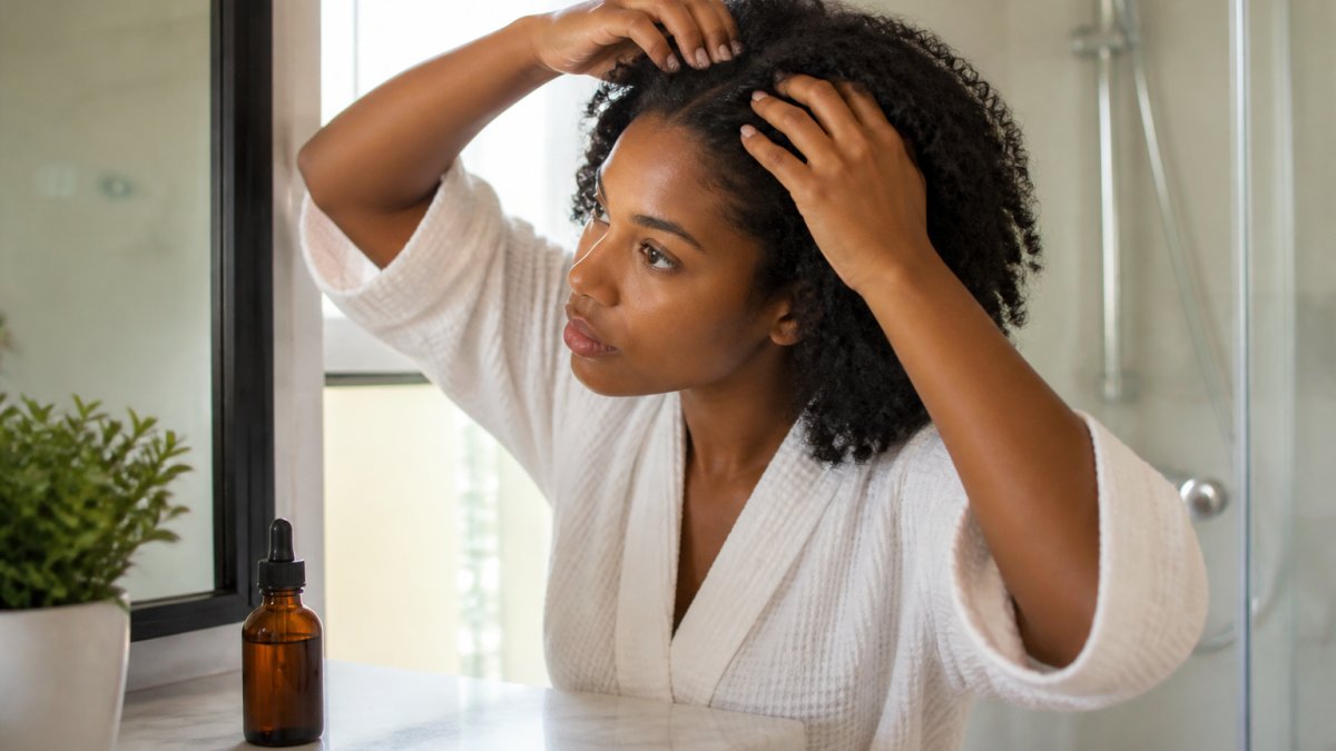 Woman with coily hair applying scalp oil with her fingertips in a bright, modern bathroom setting