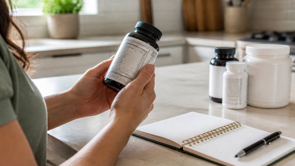 Close-up of a person's hands holding a supplement bottle and reading the label in a bright kitchen, with a notebook and pen nearby for comparing options