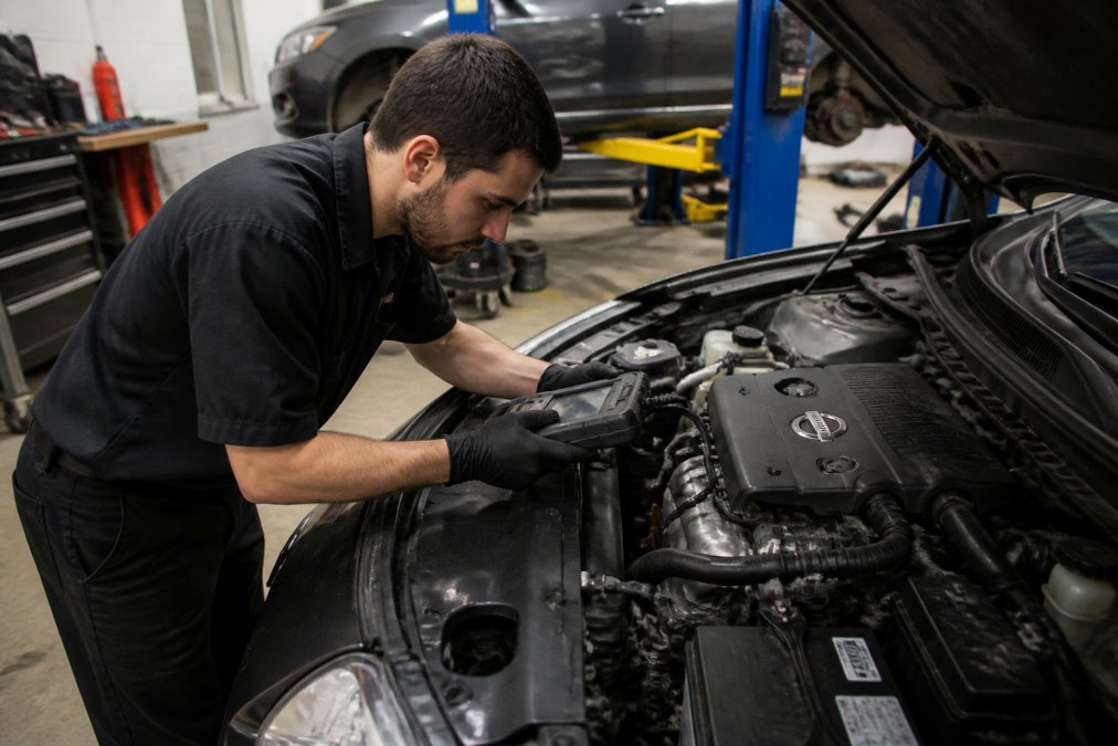 Certified technician in professional work clothes performing engine diagnostics on a Nissan vehicle using specialized diagnostic equipment in a well-lit repair bay