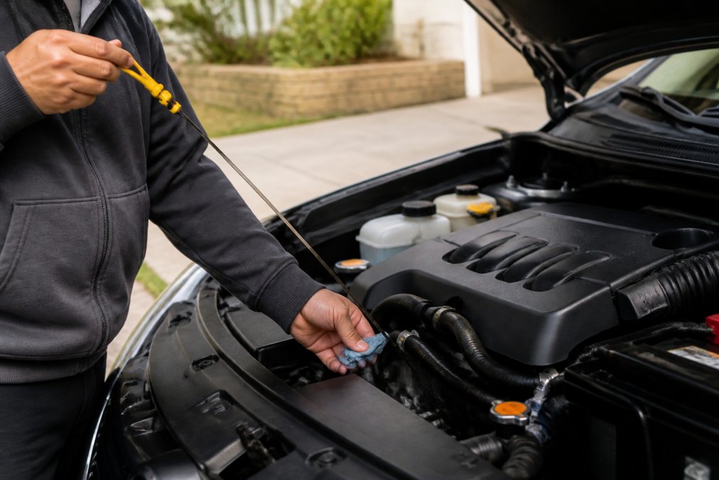 Close-up of hands checking engine oil level using the dipstick on a Nissan engine with the hood open in natural daylight