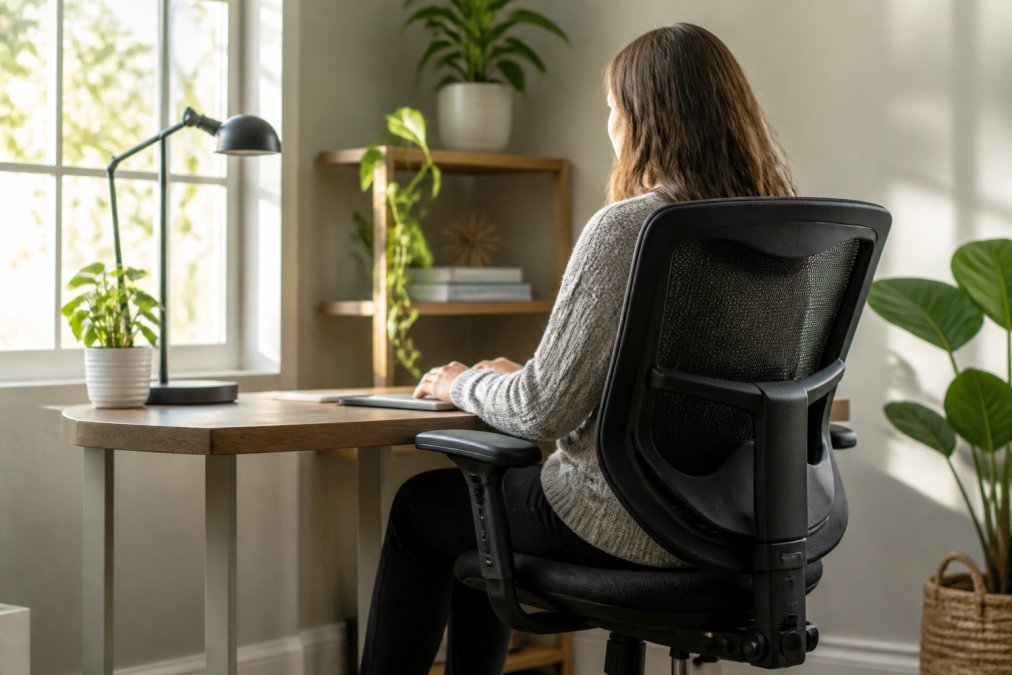A remote worker sitting comfortably in a black mesh ergonomic office chair at a tidy home desk, maintaining upright posture with a monitor positioned at eye level, warm natural light streaming through a window to the left