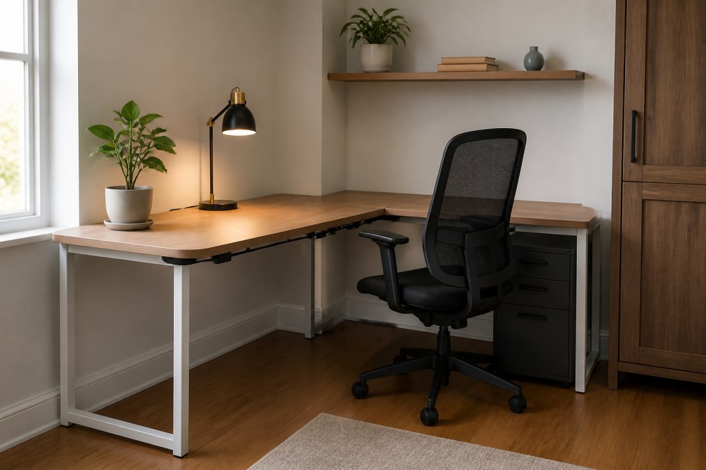 A compact, well-organized home office corner featuring an L-shaped desk with cable management clips along the edge, a small filing cabinet tucked underneath, and a minimalist neutral-toned aesthetic with a single desk lamp and a potted plant