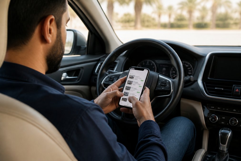 A person using a smartphone to browse a car service comparison platform while sitting in the driver's seat of a parked car, natural daylight streaming through the window, car interior visible in the background