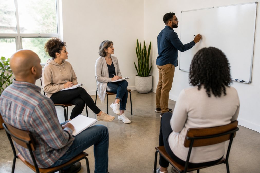 A diverse group of adults in a bright community room participating in an interactive workshop, one person writing on a whiteboard while others take notes and engage in discussion
