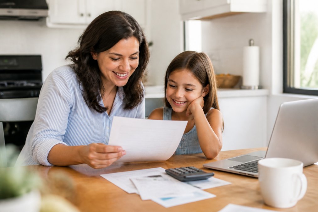 A parent and child sitting at a kitchen table, reviewing paperwork and a laptop together, smiling with relief as they find affordable dental care options A parent and child sitting at a kitchen table, reviewing paperwork and a laptop together, smiling with relief as they find affordable dental care options