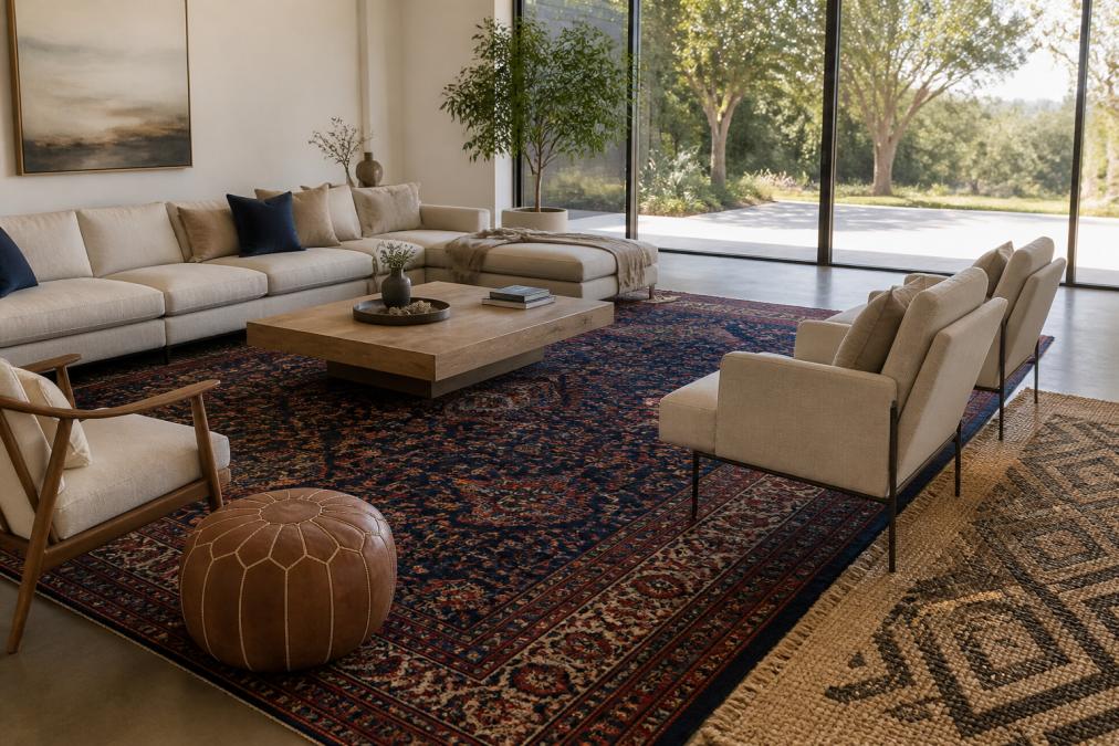 Contemporary living room with hand-knotted Persian rug in deep jewel tones anchoring a minimalist seating area, layered with a smaller geometric modern rug, neutral linen furniture, and natural light from floor-to-ceiling windows