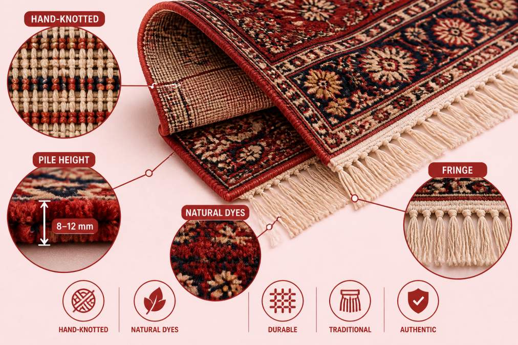 Close-up of hand-knotted Persian rug showing intricate knot structure, natural pile height variation, fringe detailing, and rich vegetable dye coloration against neutral background