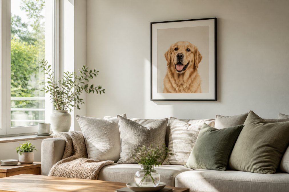 A bright living room wall featuring a framed personalised pet portrait above a sofa, with natural light coming through a nearby window