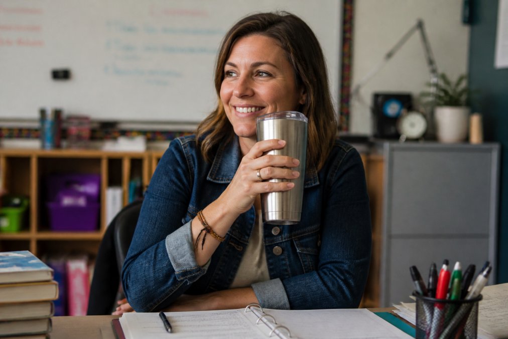 Teacher holding a personalized laser-engraved tumbler at their desk surrounded by classroom materials, smiling while taking a coffee break during preparation period