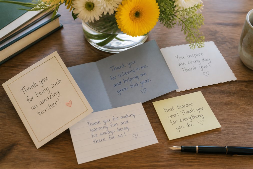 Close-up of handwritten thank you cards and personalized notes arranged on a wooden desk with fresh flowers and a fountain pen, showing genuine gratitude messages