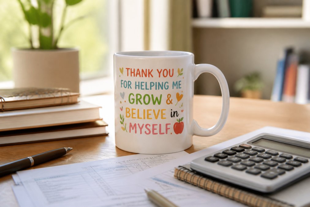 White ceramic mug with a colorful design on a wooden desk near notebooks and a pen in warm sunlight