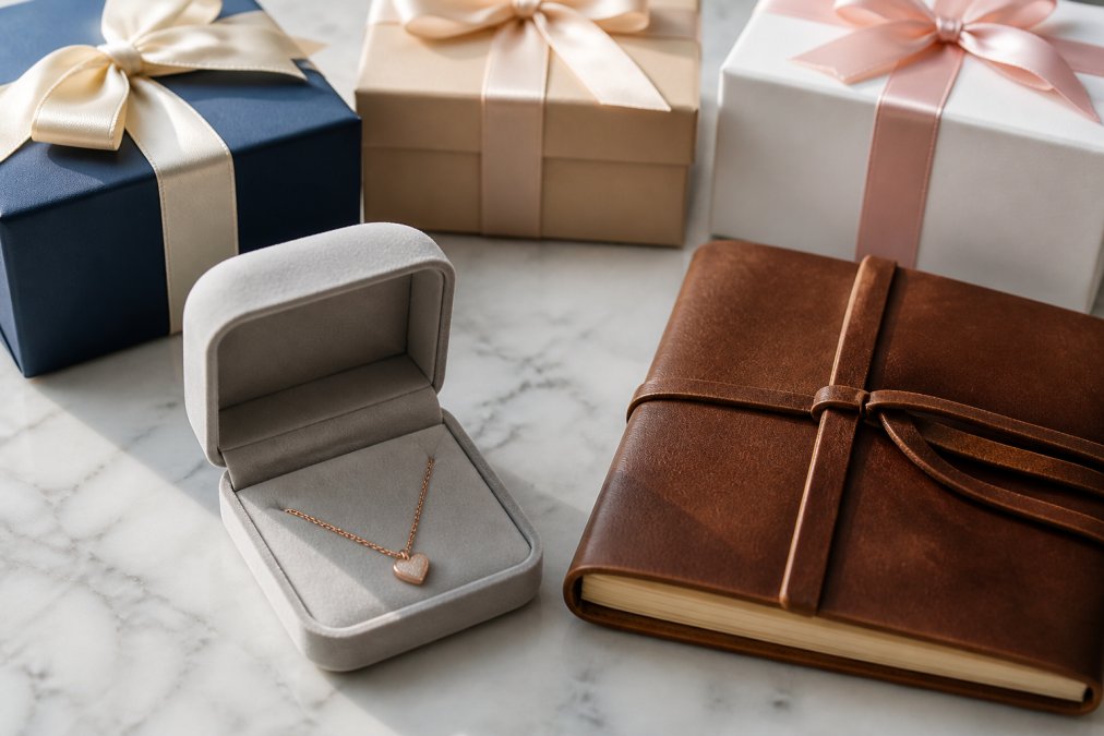A flat lay of several elegant gift boxes with ribbons, a personalized necklace resting in an open soft touch jewelry box, and a brown leather journal arranged on a white marble surface with soft, natural window light