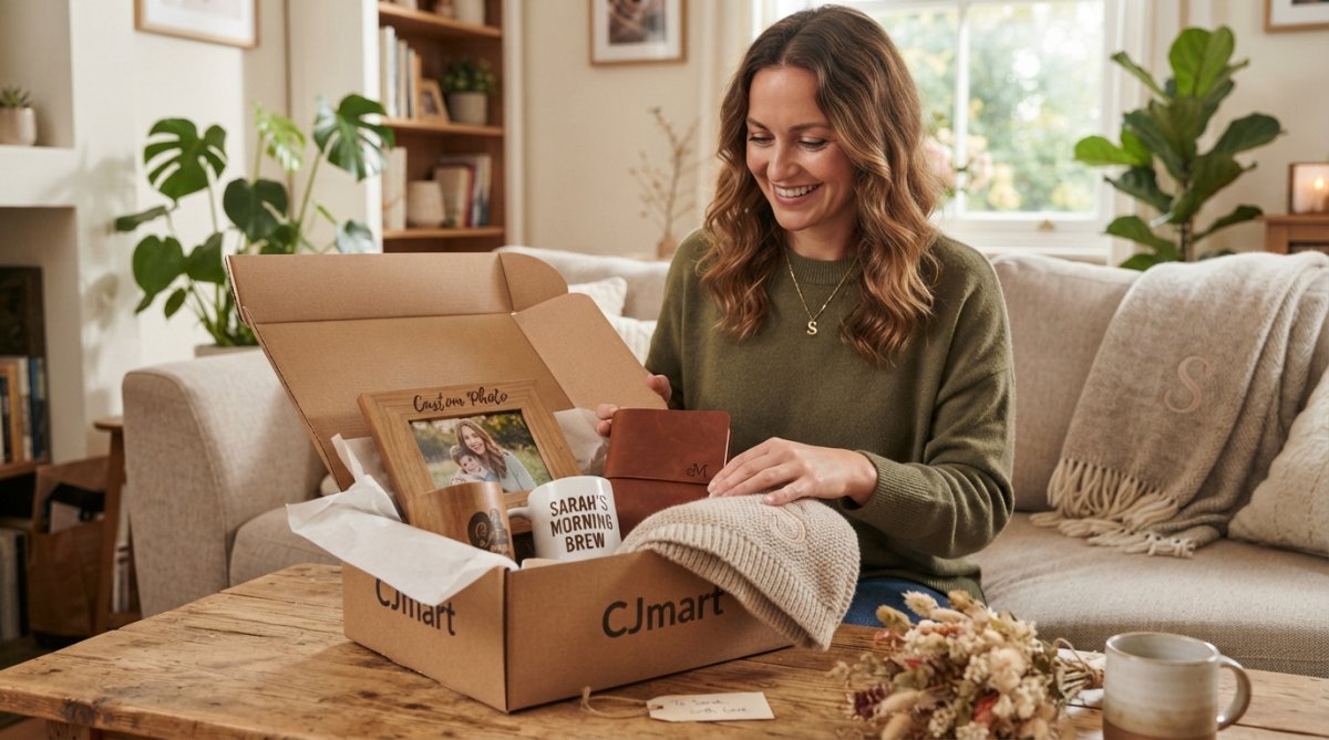 Woman receiving a personalized jewelry gift box, smiling warmly while examining custom engraved necklace with natural light streaming through window