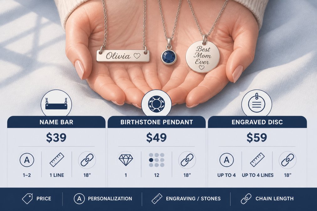 Close-up of a mother's hands holding three different personalized necklaces side by side, one name bar, one birthstone pendant, and one engraved disc, on a soft neutral fabric surface with natural window light