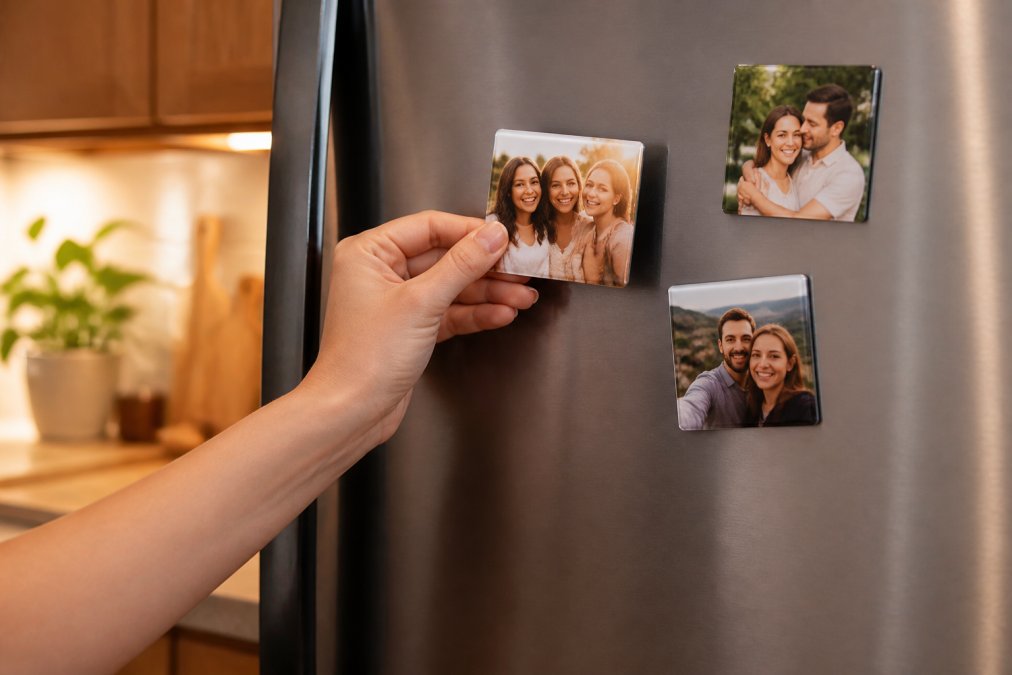 A hand placing a personalized party favor photo magnet onto a brightly lit kitchen refrigerator door.