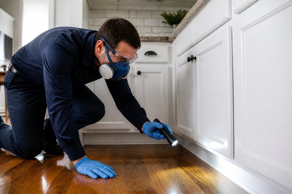 Licensed pest control technician examining baseboards and cabinet corners with a flashlight in a residential kitchen, wearing protective gloves and safety equipment under bright overhead lighting