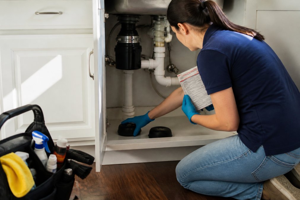 Homeowner carefully placing DIY pest control bait stations under a kitchen sink with protective gloves, while reviewing product instructions on packaging in natural daylight