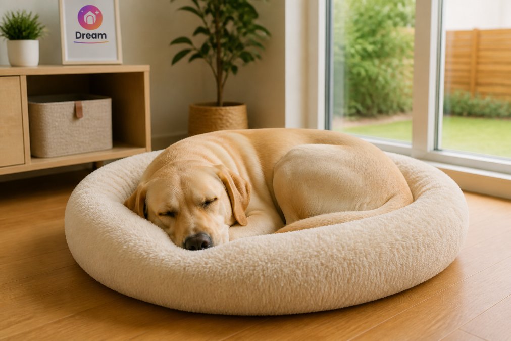 A large Labrador curled up asleep on a round plush pet bed in a bright living room, with a hardwood floor and natural light from a window