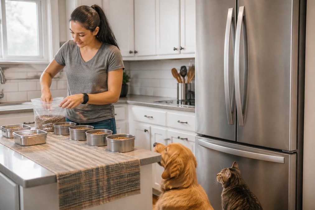Pet owner preparing meals in a bright kitchen with organized stainless steel containers labeled by pet type and date, a laminated feeding schedule posted on the refrigerator, and portion-controlled portions lined up on the counter