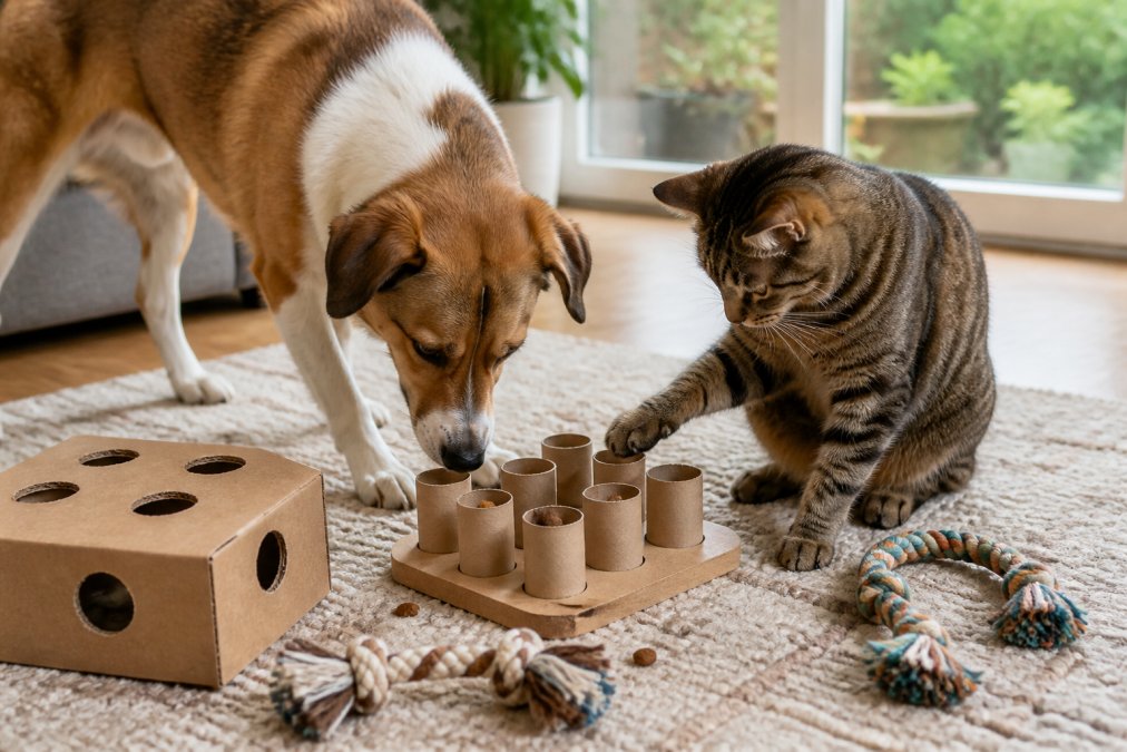 A dog and cat playing together in a bright living room with homemade puzzle feeders made from toilet paper rolls, a cardboard box with cutout holes, and simple rope toys scattered on a soft rug near a window